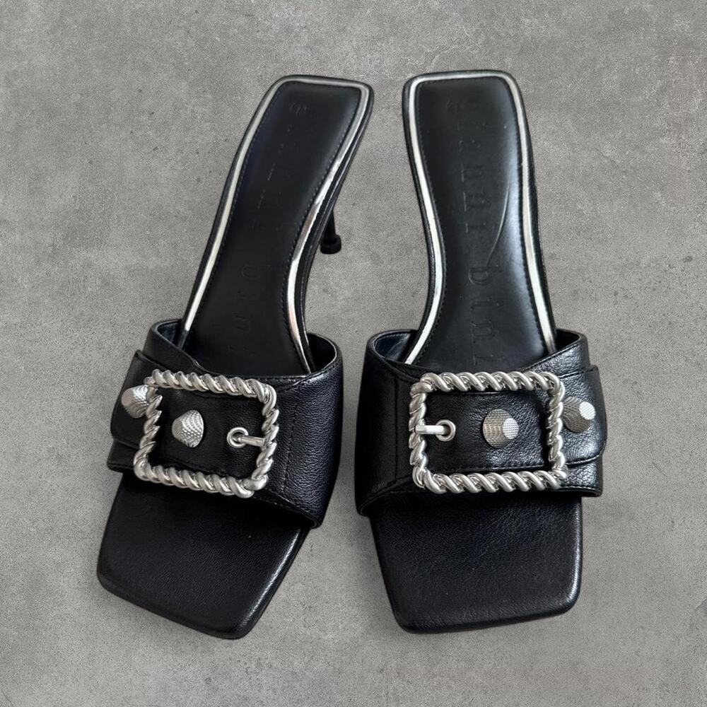 Gianni bini black leather heels with silver studs and buckle detail